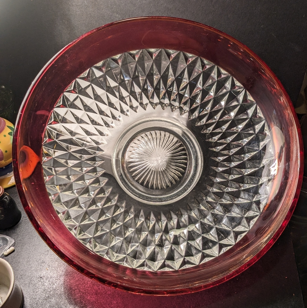 Vintage Indiana Glass Ruby Red Diamond Cut Serving Bowl